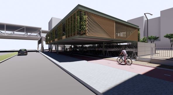 Het ontwerp van de nieuwe fietsenstalling aan het Leonardo da Vinciplein vanaf Magistratenlaan